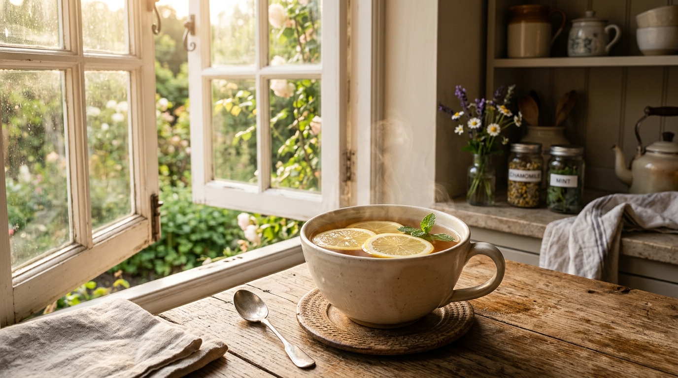 Warmer Kräutertee mit Zitrone im Morgenlicht